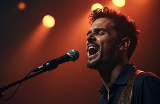 Side shot of male vocalist singing on stage. Bright warm stage lights. Man with eyes closed, mouth open, sings into microphone. Artist performing live show, concert. Popular music event.