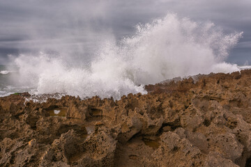 A rocky shoreline with a large body of water in the background