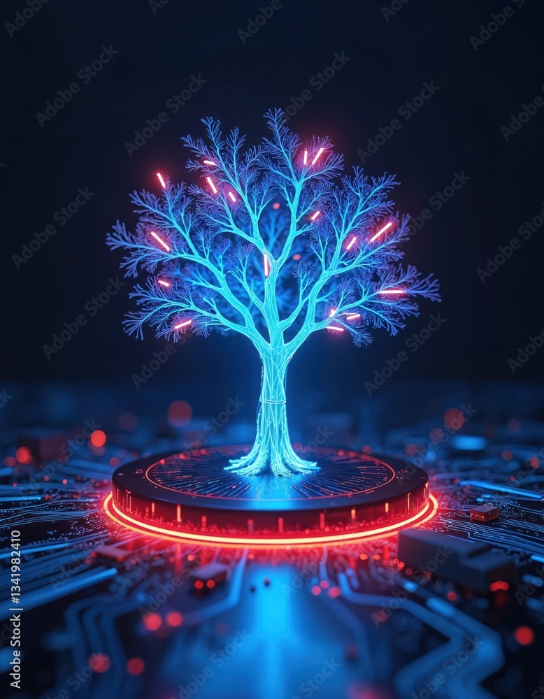 Poster Modern futuristic neon tree design with tech data integration. Glowing blue light structure, creative cyberpunk scifi artwork. Digital system concept, information network, organic computer realism on