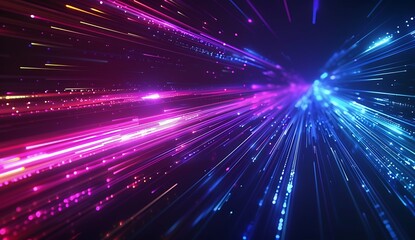 Naklejka premium Abstract futuristic background with blue and purple neon rays, lines, and shapes forming a dynamic, glowing explosion of data in cyberspace. Digital technology concept.