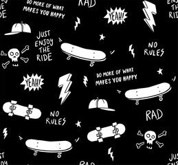 Skateboard seamless pattern. Skate background. Skateboarding doodle illustration. Vector illustration. Seamless pattern with cartoon skull, skateboard, hat etc.