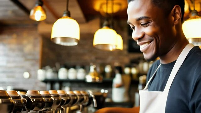 Brightly lit cafe features a cheerful barista engaging with patrons while serving coffee, showcasing a welcoming ambiance and friendly service in a bustling environment