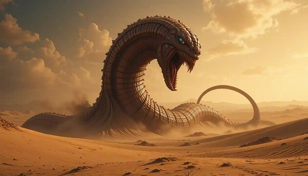 Giant Sandworm Emerging from Desert Dunes