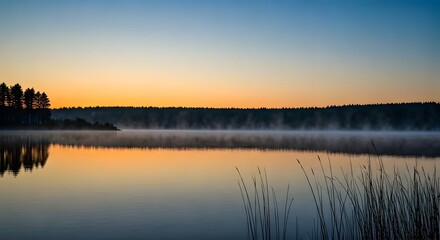 Fototapeta premium A tranquil lake with a foggy horizon at dawn.jpg