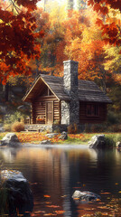 Obraz premium Rustic Wooden Cabin by a Placid Lake Surrounded by Autumn-Hued Forest, Evoking Tranquility and Natural Beauty