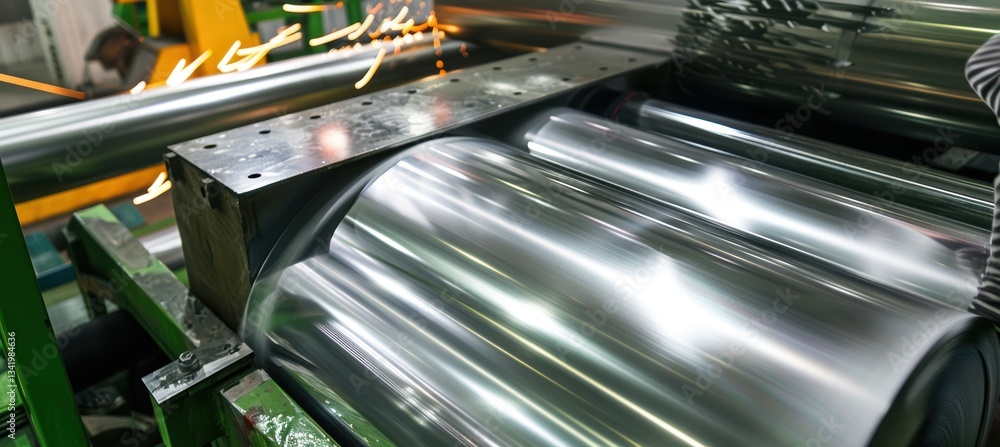 Poster industrial worker operating aluminum sheet rolling machine with sparks in factory setting