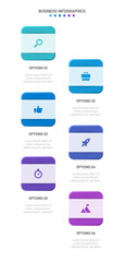 Vertical progress bar featuring 6 arrow-shaped elements, symbolizing the six stages of business strategy and progression. Clean timeline infographic design template. Vector for mobile presentation.