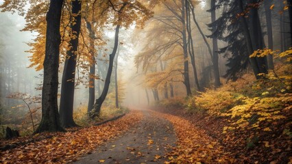  A mysterious forest pathway covered in golden autumn leaves, surrounded by tall trees with thick fog rolling through the scene.