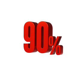 3d illustration of red number 90 percent or 90% isolated on white background. 3d render.