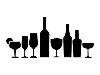 Silhouette of various alcohol bottle wine glasses bar set. Bar bottles and shot glasses on a white background. 