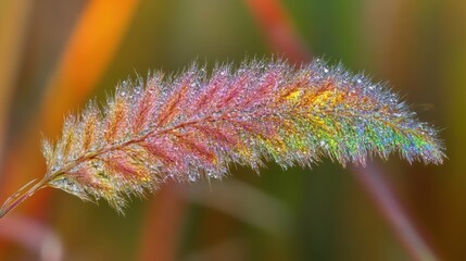 Obraz premium Colorful Dew Drops on Vibrant Grass Blade in Morning Light