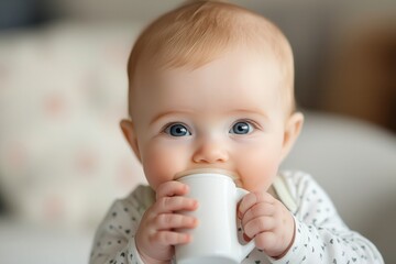 Baby nutrition milk growth journey. Cute baby drinking from a small cup with big blue eyes.