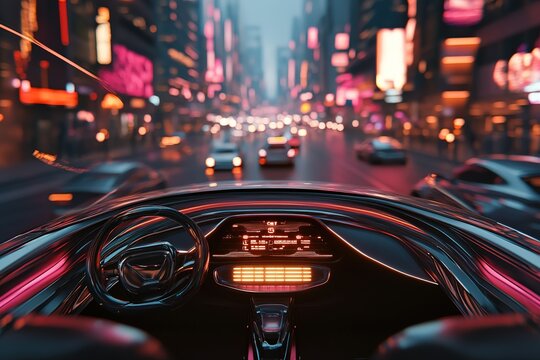 City Drive: View from inside an autonomous car at night amidst urban cityscape