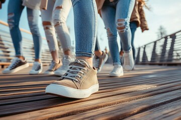 Friends in jeans walking outdoors with matching sneakers on wooden bridge