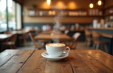 Fototapeta premium Steaming cup with latte art stands on wooden table in cosy coffee shop. Warm light, inviting cafe atmosphere. Concept of morning relaxation, social meeting, community, hospitality, enjoying fresh