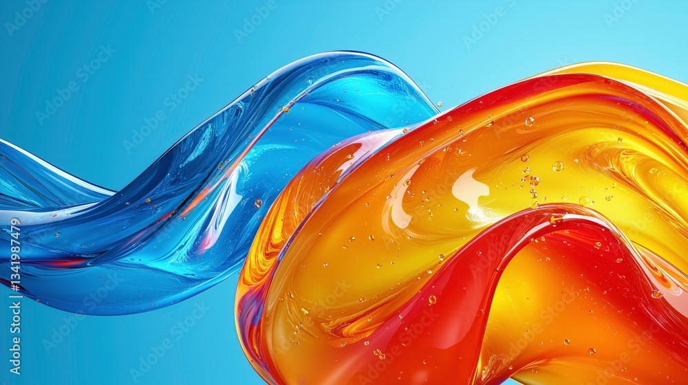 Poster fluid forms: abstract waves of vibrant blue and orange colors flow across a gradient background, cap