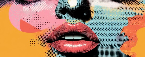 Woman lips and eyes as retro halftone collage elements for mixed media design. Mouth, angel, pigeon, wings in halftone texture, dotted pop art style.  illustration of grunge punk crazy