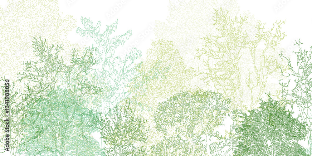 Aufkleber architectural drawings, minimal style cad tree line drawing, side view, set of section wetland fores