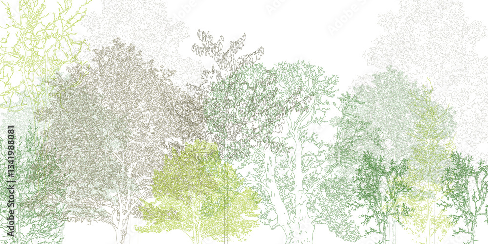 Aufkleber Architectural Drawings, Minimal style cad tree line drawing, Side view, set of section wetland forest outline for landscape design drawing. Vector illustration in seperate element background