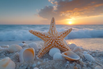 Seashell Starfish Sunset Beach Scene Idyllic Coastal Summer Wallpaper