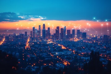 Obraz premium Stunning Night Cityscape Connected Los Angeles Skyline at Sunset with Network Connections