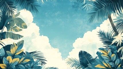 Tropical Leaves Frame Summer Sky Clouds Digital Art