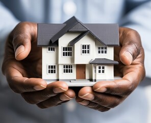 Close-up of hands holding a miniature house model with a dark roof, symbolizing real estate investment, security, and homeownership. Ideal for mortgage services, property sales, and financial planning