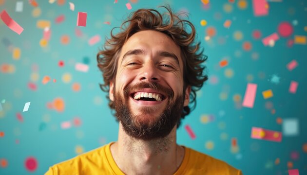 Bearded man with confetti falling around smiles. Brown curly hair guy laughs, teeth visible. Joyful portrait with face expression, excitement, positive energy. Fun festive carefree vibe on colourful