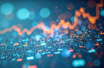 Digital representation of data growth with abstract glowing lines and financial graph on a futuristic background in blue and orange tones