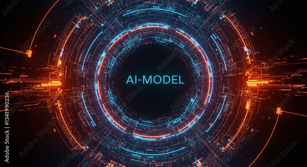 Poster ai-model: a dynamic and vibrant illustration of a technological interface, with intricate circuits a