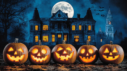 Spooky Halloween Scene with Carved Pumpkins in Front of an Eerie Haunted House at Night
