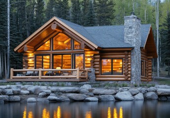 Fototapeta premium A modern log cabin with large windows and an open porch, located in Montana on the edge of forested hills overlooking a beautiful lake at dusk.
