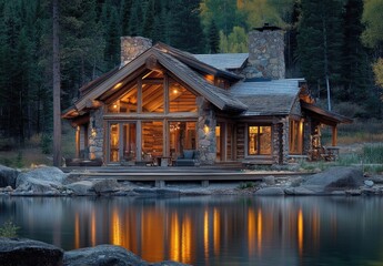 Fototapeta premium A modern log cabin with large windows and an open porch, located in Montana on the edge of forested hills overlooking a beautiful lake at dusk.