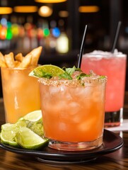 Vibrant cocktails with garnishes and fries on a bar table, colorful background light shining