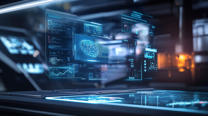 Augmented reality (AR) workspace with holographic interfaces above a sleek desk.