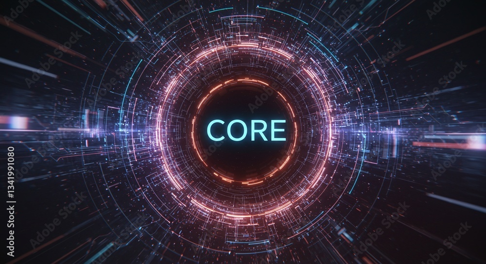 Poster technological core: a vibrant and futuristic visual representation of a core. featuring abstract lin