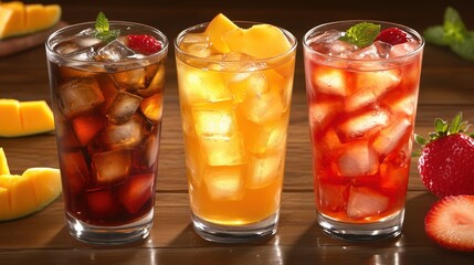 Refreshing iced drinks with fruits served at a summer gathering by a wooden table