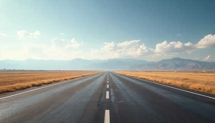 Fototapeta premium Endless unoccupied runway road stretches toward mountain range under blue sky with light clouds. Asphalt airfield highway with horizon over rural scenic grassland. Transportation, travel, journey