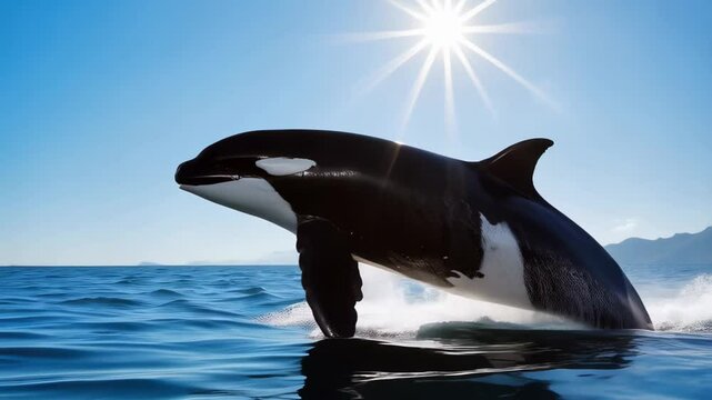 A majestic orca leaps from the ocean, showcasing its powerful body against a stunning backdrop of mountains and a shining sun. Beautiful marine activity in a serene environment
