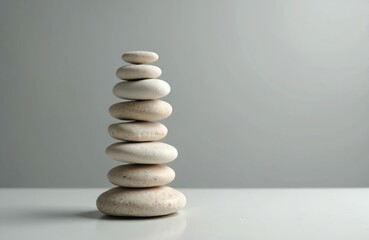 Stack of balanced zen stones on white table, grey background. Represents stability, equilibrium. Risk management, balance, harmony, peace of mind, wellness. Metaphor for strategy, control, safety,