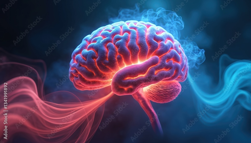 Poster Close up of human brain with colored smoke trails coming out of it. Generative AI design. Neural network, modern mind machine tech abstract concept for medical, science articles.