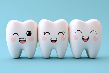 Obraz premium Cute Cartoon Teeth Characters Smiling Together on Blue Background
