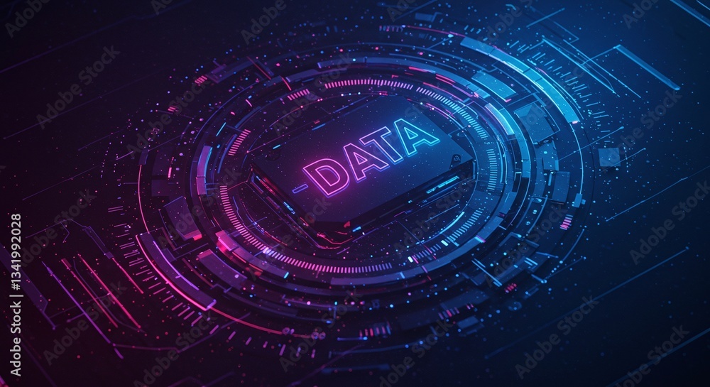 Poster digital data: a mesmerizing, futuristic representation of digital data, pulsing with neon light in a