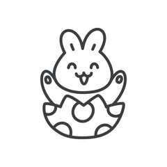 Cute Easter bunny icon. Hand drawn monochrome illustration of a funny rabbit sitting in the Easter egg isolated on a white background. Kawaii spring sticker. Vector 10 EPS.