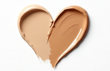 Foundation cream smears in heart shape on white blank background. Beige, brown color make up tones swatches. Liquid texture stroke, cc, bb skin care product set promo. Facial skincare cosmetic.