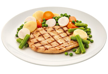 prato com filé de frango grelhado acompanhado de legumes no vapor isolado em fundo transparente