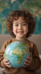 Happy child holding globe, smiling with curly hair, exploring world