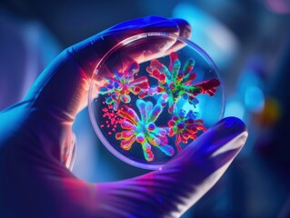 Close-up of Petri Dish Showcasing Vibrant Virus Visualization in Lab