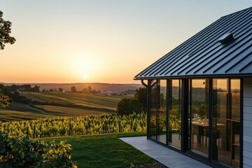 Obraz premium Sunset view over vineyards from a modern glass-walled house in a picturesque rural setting, capturing the beauty of nature and architecture during golden hour