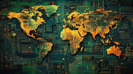 Fototapeta premium Digital World Map: Abstract Pixel Art of Global Network